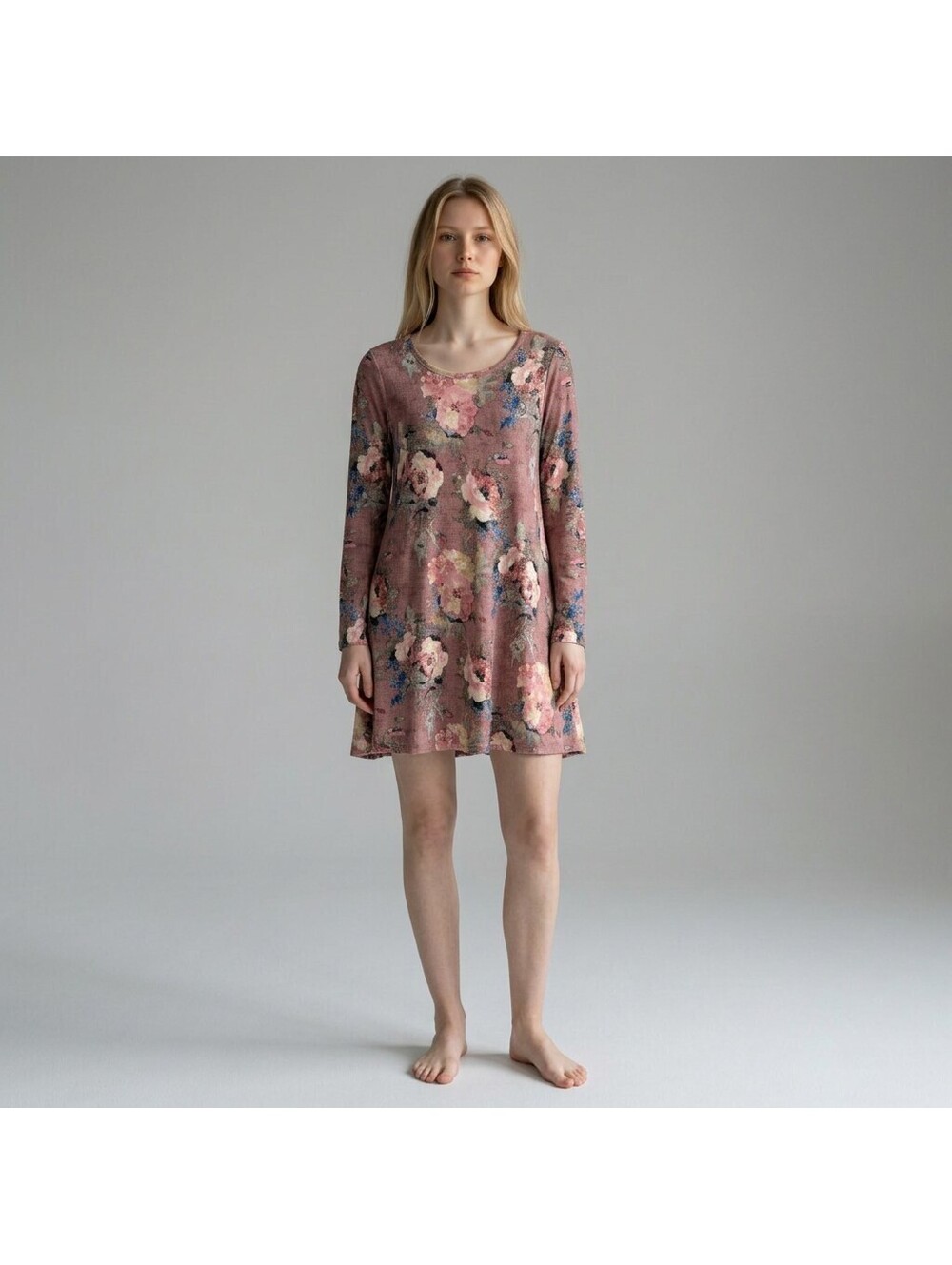 Discreet Dress Women L Large Brown Floral Shift Short Long Sleeve Casual Stretch